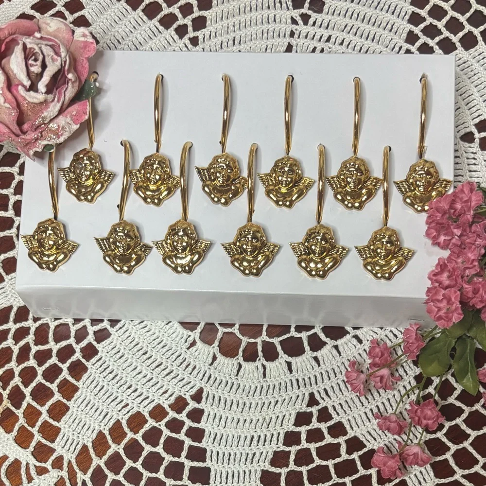 Vintage Shower Curtain Rings Victorian Cherub Angel Gold Brass Hook Set of 12